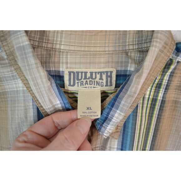 Duluth Trading Co Men's XL Brown Striped Plaid Short Sleeve Button Down Shirt - Picture 6 of 12